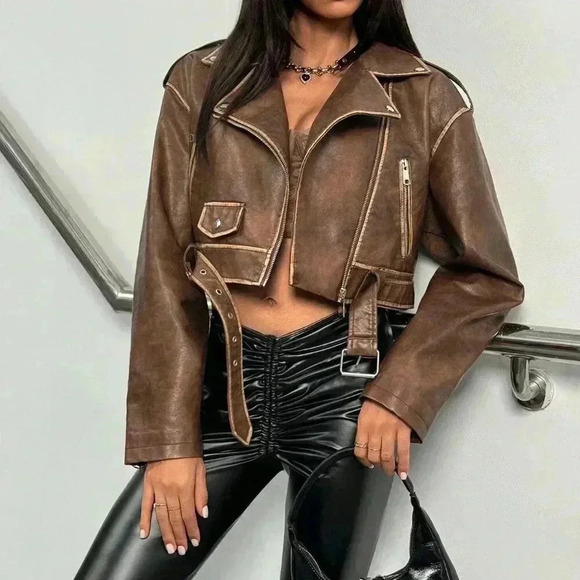 Brown Casual Women's Washed Fabric Moto Jacket - Picture 6 of 7